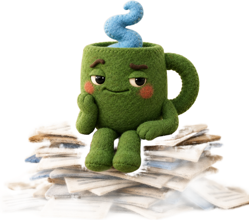 The mug sitting on a pile of paperwork, looking sympathetic